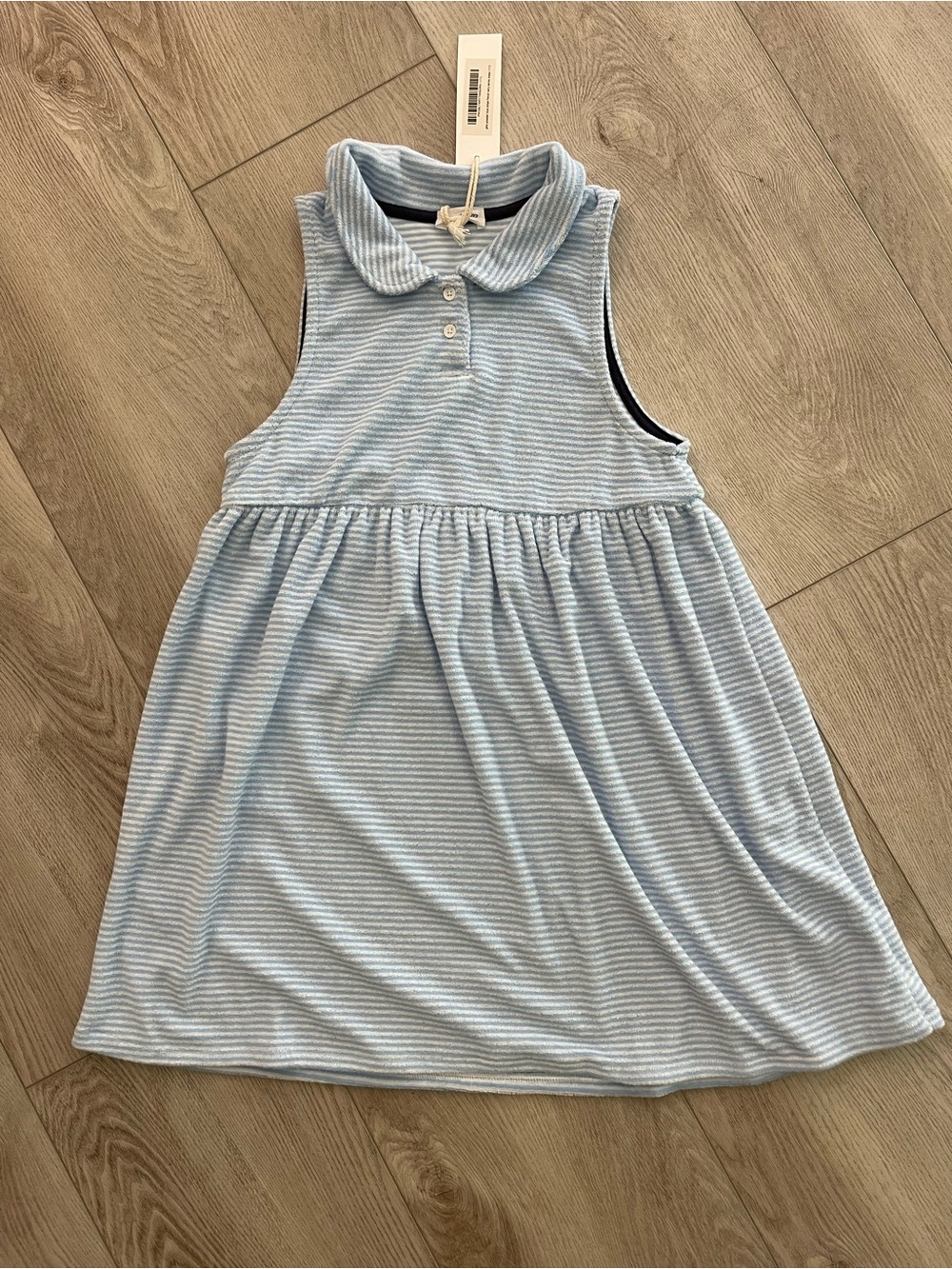 NWT - Minnow girls powder blue stripe french terry tennis dress, size 11/12